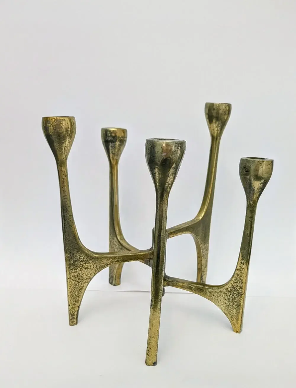 German Brutalist Cast Brass Candelabra MCM Fixed 5-Arm Tree Candle Holder